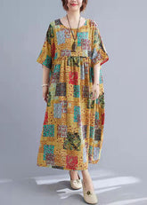 Elegante vestido largo de algodón con cuello redondo y manga corta, con parches de color, tallas grandes, para verano